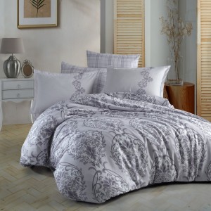 Lenjerie de pat Olinda lux satinată, design floral gri, 100% bumbac, densitate 140g/mp