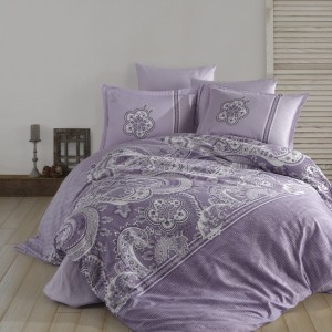 Lenjerie de pat satin de lux Pellini, design floral și arabescuri mov alb, 100% bumbac satinat, set 4 piese
