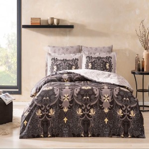 Lenjerie de pat TAC Dorney, design floral elegant gri și galben, bumbac 100% satinat mercerizat