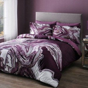 Lenjerie de pat din bumbac satinat Rebel TAC, set 6 piese, design modern cu motive abstracte, culori mov și alb.
