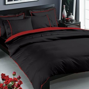 Lenjerie de pat Prestige Negru din bumbac satinat, reversibilă cu față neagră și față roșie, 6 piese