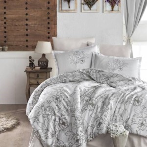 Lenjerie de pat bumbac satinat model Tuluna cu model floral negru pe fundal alb, accente elegante și detalii delicate