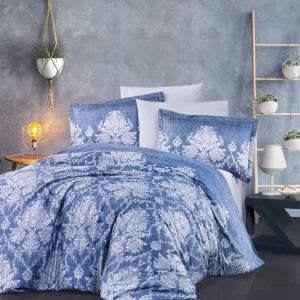 Lenjerie de pat satin de lux cu motive florale albe pe fundal albastru, set de 6 piese