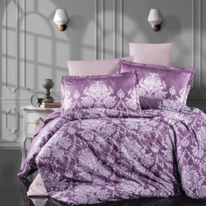 Lenjerie de pat satin de lux cu motive florale albe pe fundal mov, set de 6 piese