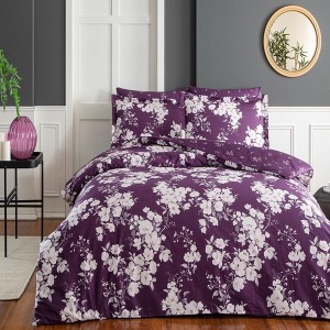 Lenjerie de pat Fussa, bumbac satinat, imprimeu flori albe pe fundal mov, set 6 piese
