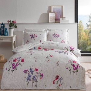 Lenjerie de pat Komae, bumbac satinat, imprimeu floral multicolor pe fundal alb, set 6 piese