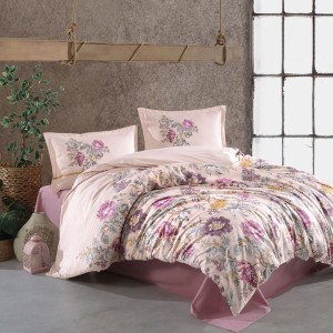 Lenjerie de pat dublu din bumbac 100% ranforce cu imprimeu floral romantic bej pastel Mirante