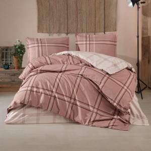 Lenjerie de pat dublu din bumbac 100% ranforce Capella V2 maro, model în carouri rustice reversibil