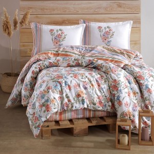 Lenjerie de pat dublu din bumbac 100% ranforce Zemi, cu imprimeu floral pastel și dungi colorate reversibile