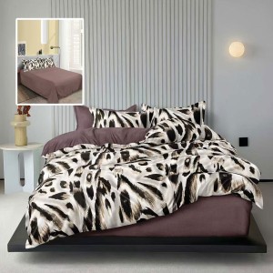 Lenjerie de pat finet 6 piese, imprimeu animal print in nuante de bej, maro si negru
