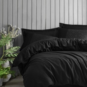 Lenjerie de pat jacquard satin de lux Cotton Box Dama Black, design elegant negru intens, 100% bumbac satinat, set 6 piese
