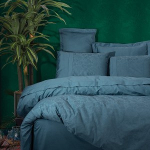 Lenjerie de pat jacquard albastru petrol din bumbac satinat Cotton Box, model Sante Petrol Blue, set complet
