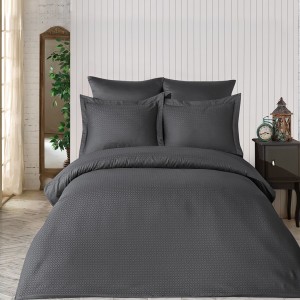 Lenjerie de pat Jacquard satin gri antracit Saheser, bumbac 100%, set de 6 piese, cearșaf de pat și pilotă, fețe de pernă, model geometric tip diamant.