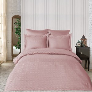 Lenjerie de pat Jacquard satin roz pudra Saheser, bumbac 100%, set de 6 piese, cearșaf de pat și pilotă, fețe de pernă, model geometric diamant.