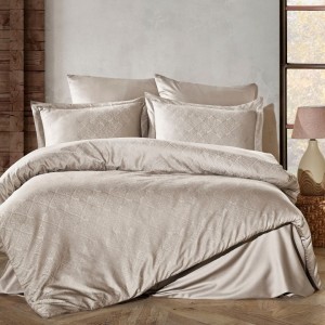 Lenjerie pat jacquard satin de lux Harley Bej cu model romburi Saheser Home