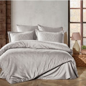 Lenjerie pat jacquard satin de lux Harley Gri Deschis cu model romburi Saheser Home