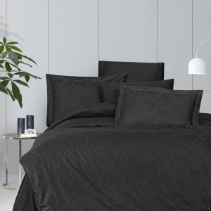 Lenjerie de pat neagră cu design elegant jacquard cu motive florale stil damasc din bumbac satinat mercerizat, model Story Home Misra Stone, set 6 piese.