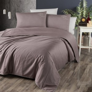 Lenjerie de pat Timeless, lila cu cearsaf crem, din bumbac satin de lux, 6 piese, broderie 