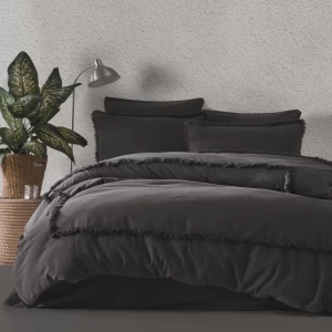 Lenjerie de pat bumbac prespălat Majoli Bahar Dark Solid Antracit, antracit cu franjuri decorative, 6 piese, cearceaf antracit uni
