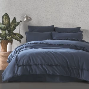 Lenjerie de pat bumbac prespălat Majoli Bahar Dark Storm Albastru, albastru cu franjuri decorative, 6 piese, cearceaf albastru uni