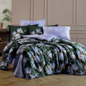 Lenjerie de pat satin de lux 6 piese Hobby Home Adriana Green, cu flori, bumbac satinat