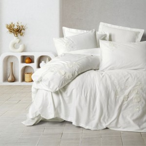 Lenjerie de pat din bumbac satin cu broderie florală alba