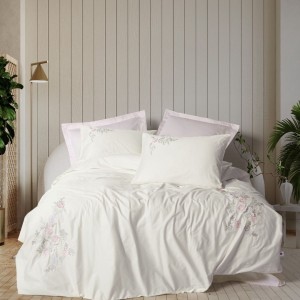 Lenjerie de pat din bumbac satin cu broderie florală roz pudra, Yedda