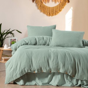 Lenjerie de pat din muselină Henna Verde, 100% bumbac organic, design elegant și respirabil, nasturi cu aspect de lemn natural