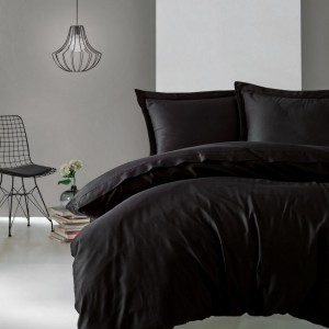 Lenjerie de pat de lux din satin Cotton Box Elegant Black în nuanțe negru intens, design simplu