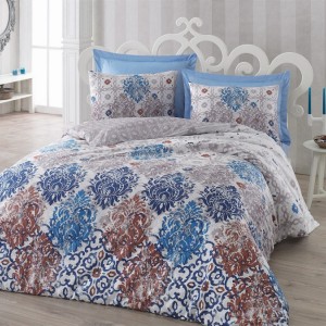 Lenjerie de pat din bumbac satinat albastru-maro Gonul de la Cotton Box