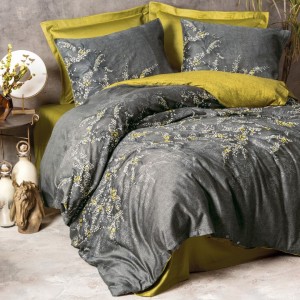 Lenjerie de pat gri cu imprimeu floral și lenjerie verde, model Libby, bumbac 100% satinat, set cu 6 piese
