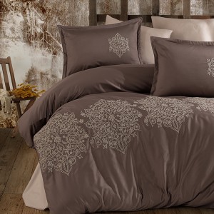 Lenjerie de pat maro Anatolia din satin de bumbac cu broderii crem și aplicații 3D, set Clasy