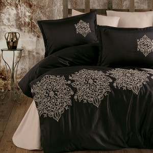 Lenjerie de pat neagră din satin de bumbac cu broderii crem și aplicații 3D, set Clasy
