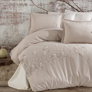 Lenjerie de pat premium satin de lux cu broderie, Clasy, Fiore Bej V1