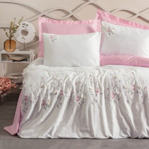 Lenjerie de pat roz și alb, broderii florale, 100% bumbac satinat, set 6 piese.