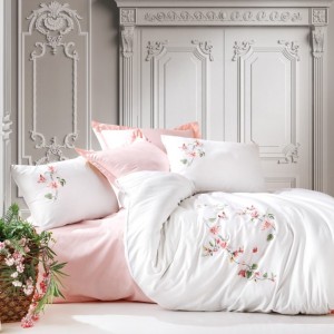Lenjerie de pat premium 3D satin de lux brodate, Cotton Box, Luna Powder