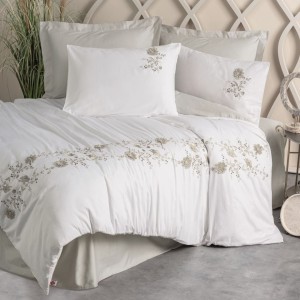 Set lenjerie de pat Cotton Box 3D Satin Brodat cu design floral alb