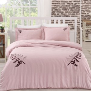 Lenjerie de pat din bumbac satinat Mihrimah Nazenin Home, set 6 piese, design elegant cu broderie, culori roz pudra și alb.