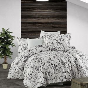 Lenjerie de pat dublu din satin alb-negru cu imprimeu de frunze, model Fall