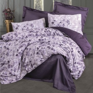 Lenjerie de pat model Willow Purple, design mov, material bumbac satinat, set 6 piese, flori delicate.