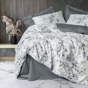 Lenjerie pat satin de lux 6 piese Cotton Box design cu flori gri pe fundal alb, Moale