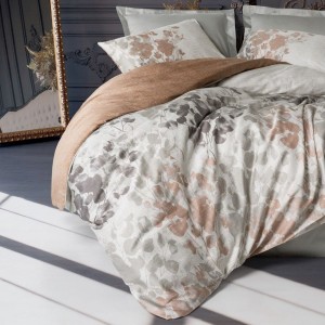 Lenjerie pat satin de lux 6 piese Cotton Box design cu frunze Blatt gri, bej