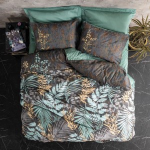 Lenjerie pat satin de lux 6 piese Cotton Box design cu frunze multicolore, Clorasa Verde