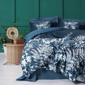 Lenjerie pat satin de lux 6 piese Cotton Box design cu frunze si flori Imvelo Albastru