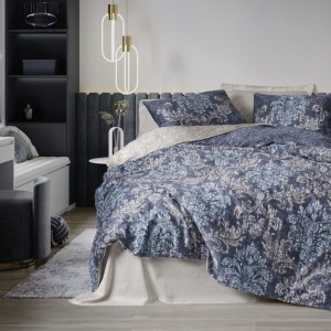 Lenjerie pat satin de lux 6 piese Cotton Box design cu model baroc, Owen bej, albastru