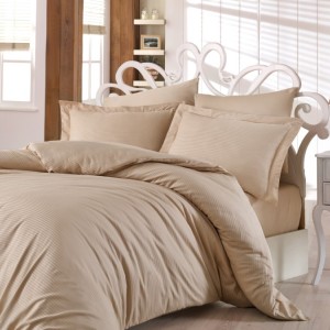 Lenjerie de pat satin de lux 6 piese, Nazenin Home, Line Bej
