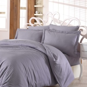 Lenjerie de pat satin de lux 6 piese, Nazenin Home, Line Gri