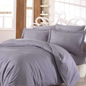 Lenjerie de pat satin de lux Nazenin Home Line Gri, design simplu cu dungi fine, 100% bumbac satinat, set 6 piese