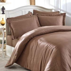 Lenjerie de pat satin de lux 6 piese, Nazenin Home, Line Kahve (Maro)