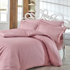 Lenjerie de pat satin de lux 6 piese, Nazenin Home, Line Roz Pudra